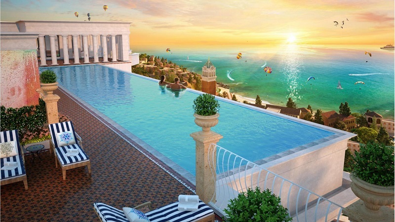 Bể bơi với thiết kế ấn tượng, view biển.